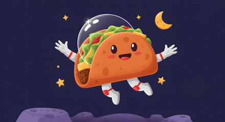 Cute Cartoon Taco Astronaut Floating in Space with Stars and Moon
