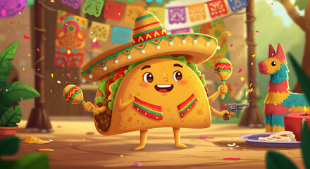 Cute cartoon taco character celebrating a Mexican fiesta with sombrero and maracas