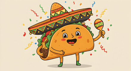 Cute cartoon taco with a sombrero and maraca celebrating cinco de mayo