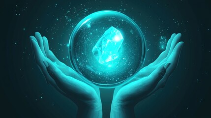 Hands hold glowing crystal sphere