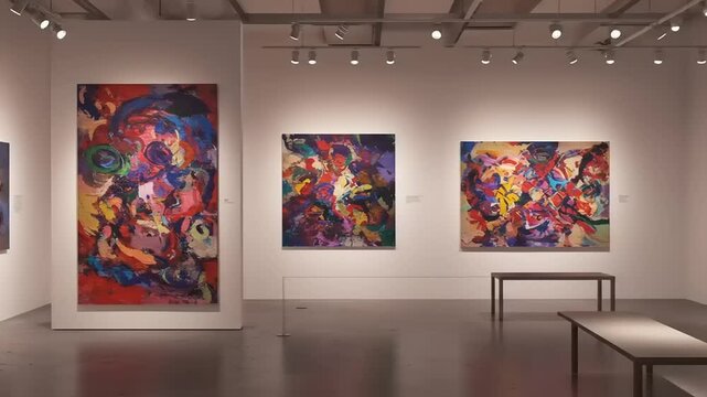 Vibrant abstract art exhibition showcasing colorful paintings in a modern gallery setting