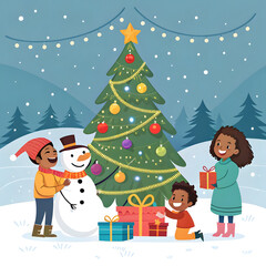 Happy Kids Celebrating Christmas Outdoors with Tree, Snowman, and Gifts – Flat Vector Illustration