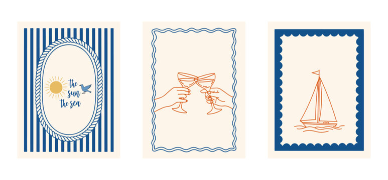 Summer Italy la dolce vita vintage posters. Nautical greeting card vector set, striped frame design with clinking champagne glasses, sailing boat and blank border templates. Vintage coastal stationery