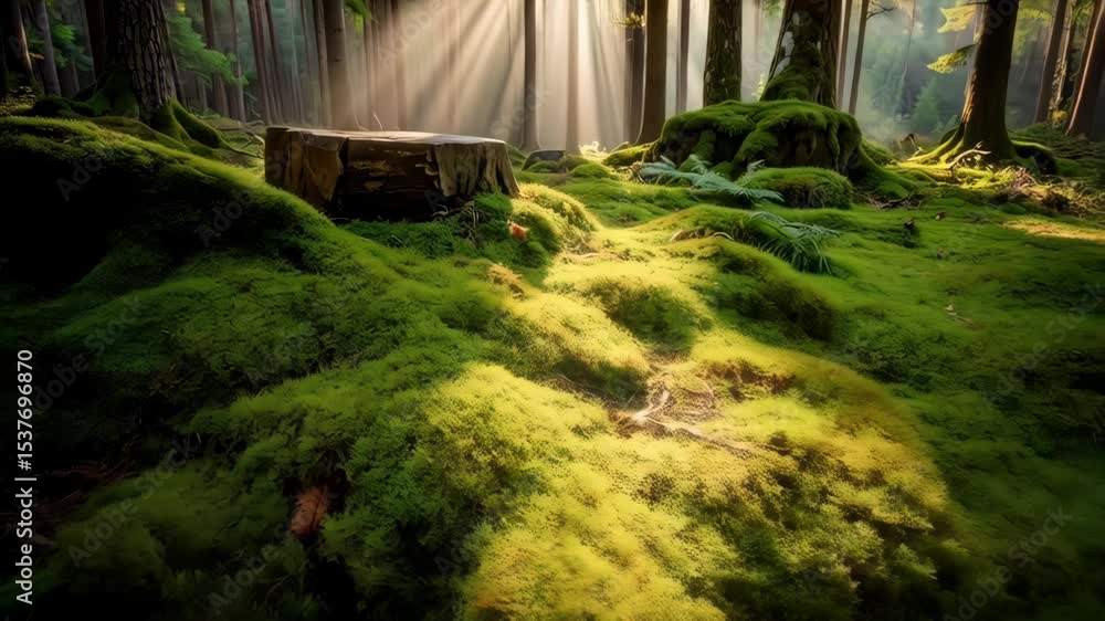 Poster sunlight streams through lush forest illuminating moss-covered ground and a tree stump, creating a s