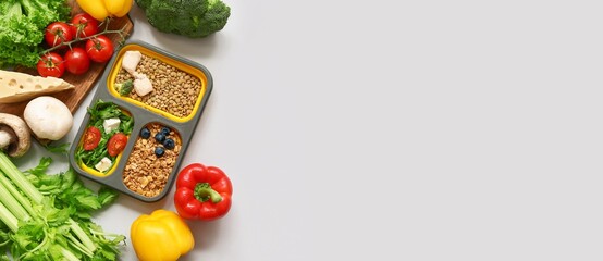 Lunchbox with healthy products on grey background with space for text
