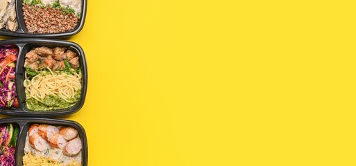 Containers with healthy food on yellow background with space for text