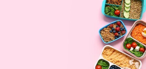 Containers with healthy food on pink background with space for text