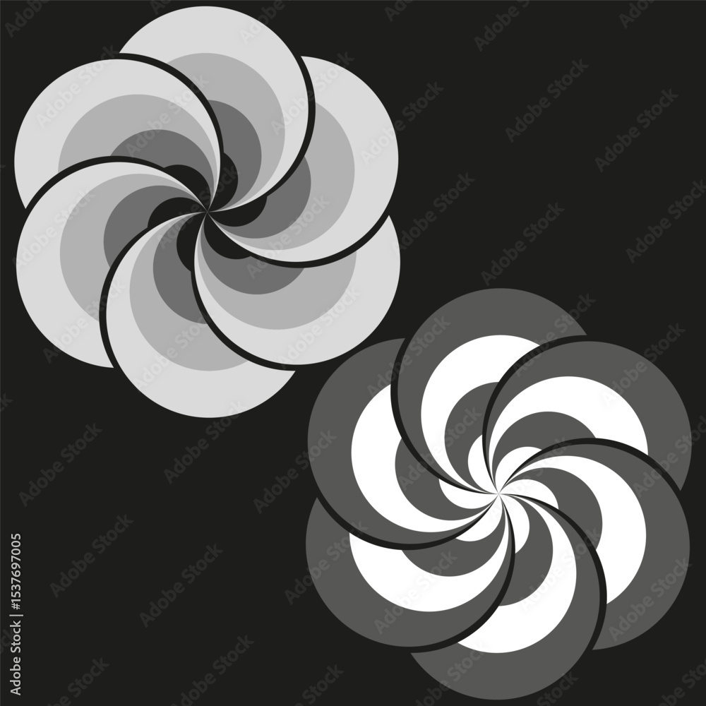 Poster rotating flower swirl. gradient petal vector. dynamic pinwheel motif. deep noir backdrop.