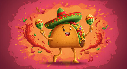 Fun cartoon of a taco with a sombrero playing maracas with a colorful background