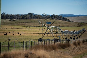 Agricultural pivot on a regenerative agriculture farm. Sustainable agriculture in Australia. Round pivot. Circular cropping. 