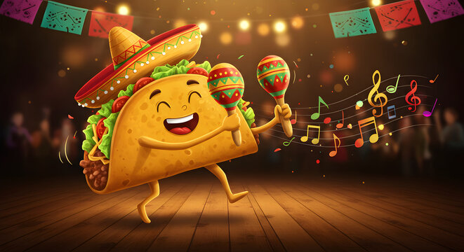 Fun Cartoon Taco with Sombrero Playing Maracas and Enjoying Festive Music