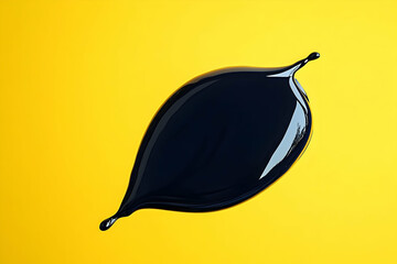 Dark liquid droplet on a vibrant yellow background.