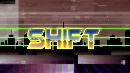 Starting Neon SHIFT glitching, animating in cityscape with grid floor and sweeping green scanline