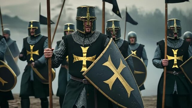 Medieval crusader knights in armor battle ready