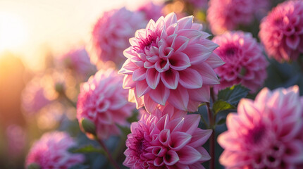 Blooming dahlia macro flower in pink tones shining brightly in warm afternoon garden composition aesthetic floral photography for wallpaper background