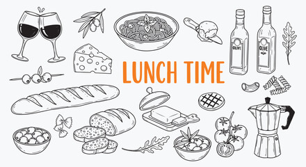 Black line art Lunch Time Italian food vector set showing wine, cheese, bread, olive oil, salad, tomato and basil. Vintage sketch style for restaurant menus