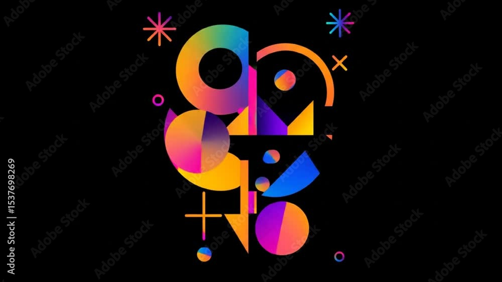 Poster animated abstract background with colorful geometric shapes on a black background
