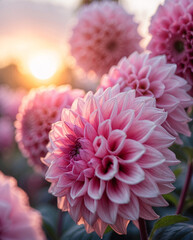 Botanical macro image of pink dahlia bloom shining under golden sunlight in warm garden afternoon aesthetic floral photography for wallpaper background