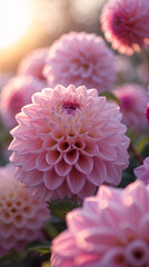 Bright garden macro photo of pink dahlia flower blooming under afternoon golden sunlight exposure aesthetic floral photography for wallpaper background