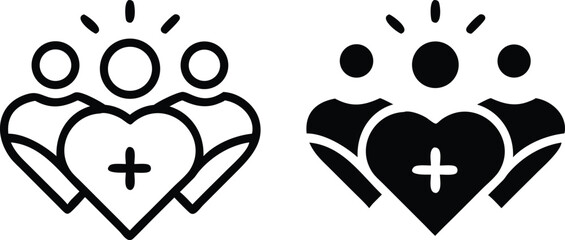 Children and Heart Care Icon – Minimalist Line Art Vector with Plus Symbol
