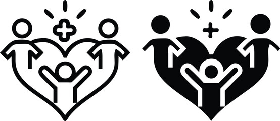 Children and Heart Care Icon – Minimalist Line Art Vector with Plus Symbol