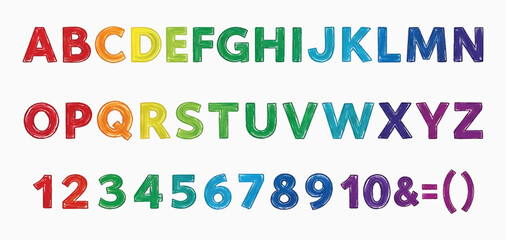 Rainbow watercolor alphabet vector, colorful uppercase letters and numbers with bold multicolor strokes. Great for kids education, crafts and invitations