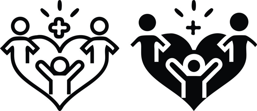 Children and Heart Care Icon – Minimalist Line Art Vector with Plus Symbol