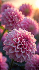 Bright macro photography of pink dahlia flower bloom taken under afternoon sun in garden setting aesthetic floral photography for wallpaper background