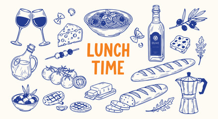 Blue hand drawn Lunch Time Mediterranean food vector set with wine, cheese, bread, olive oil, salad and herbs. Ideal for cafe menu illustrations