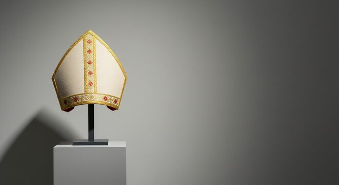 A white and gold mitre stands atop a gray pedestal in a minimalistic exhibition display setting.