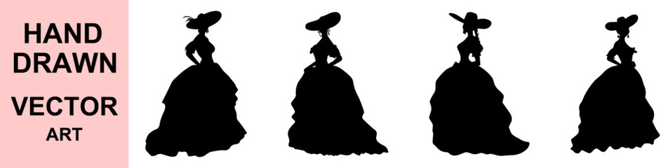 Hand drawn elegant Victorian women silhouette vector illustration featuring historical fashion gowns and hats for vintage design, history art, and costume themes.