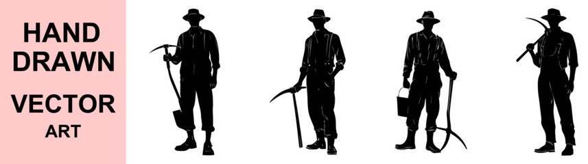 Hand drawn farmer silhouettes with vintage tools in vector art for agriculture, rural labor, historical farming, and countryside themed illustration design