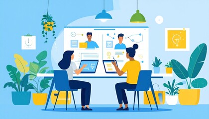 Two people collaborating on a large digital whiteboard