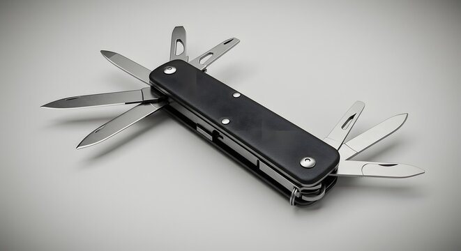Fototapeta Black Multi-Tool Knife with Multiple Blades - 3D Render