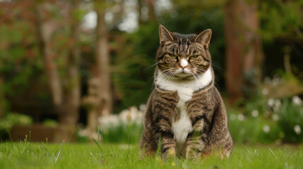 Obraz premium British Shorthair cat sits on green lawn, displaying serious expression. cat fur is mix of brown and gray stripes, contrasting 