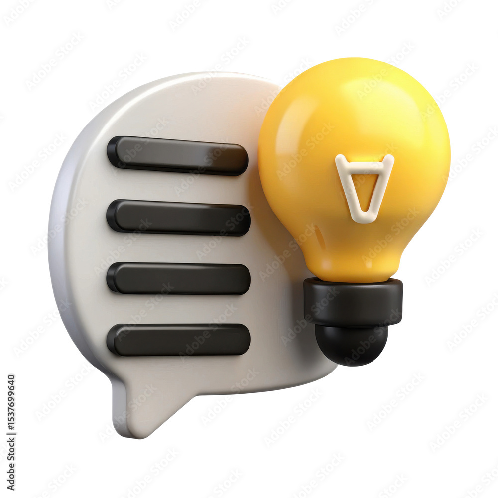 Poster 3d rendering of a speech bubble with text and a light bulb, isolated on white