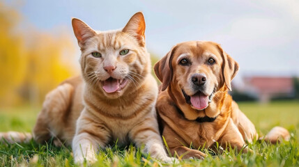 Obraz premium Cat and dog resting together on green lawn under sun, showcasing peaceful and friendly bond. cat has orange fur and dog is Labrador, both looking content and relaxed