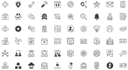 A comprehensive collection of diverse line icons depicting various business, technology, and communication concepts.