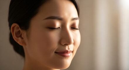 Fototapeta premium Serene young Asian woman with eyes closed, peaceful expression, close-up portrait, natural light