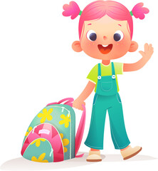 Cheerful schoolgirl character with a backpack waving greeting. Cute girl elementary school student ready for learning and back to school. Cartoon vector child character illustration for kids education