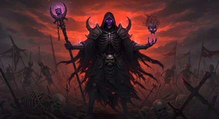 Dark Sorcerer Commanding Undead Army A Fantasy Illustration
