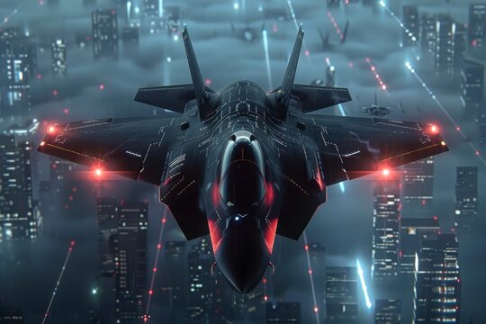 Futuristic stealth fighter jet flying over a cyberpunk city at night, dramatic digital art illustration