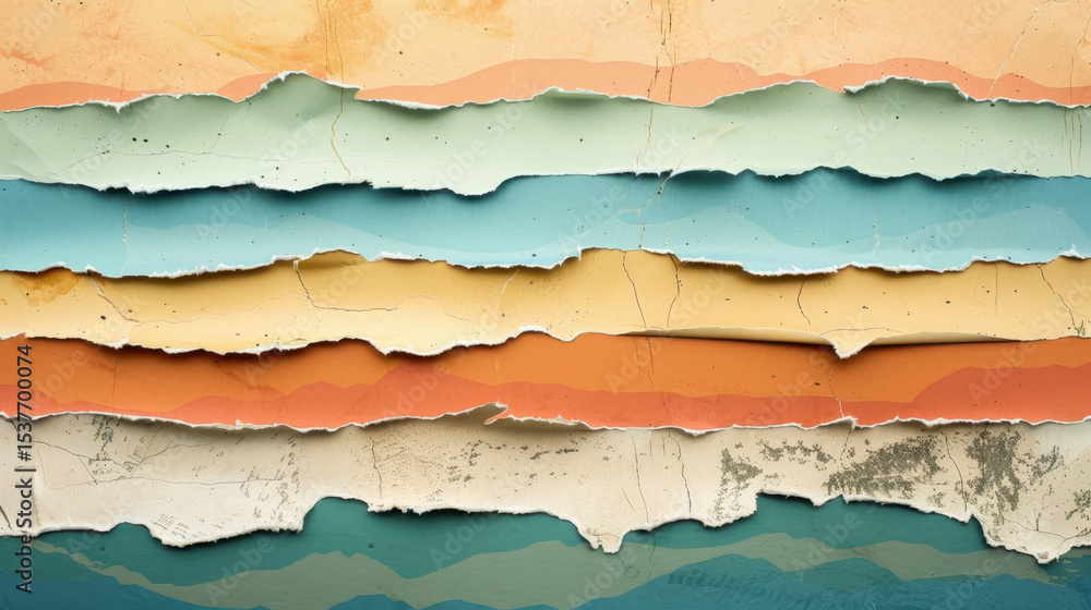 Aufkleber layered torn paper textures create abstract composition with soft colors like blue, orange, and crea