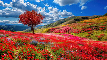Colorful blooms flowing like waves in open landscape, featuring vibrant red flowers and striking tree against blue sky. scene evokes sense of tranquility and beauty