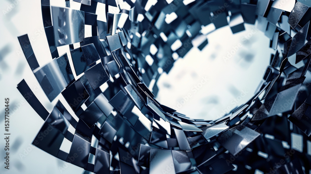 Poster curved metallic panels interlocking in dynamic spiral form create intriguing visual effect, showcasi