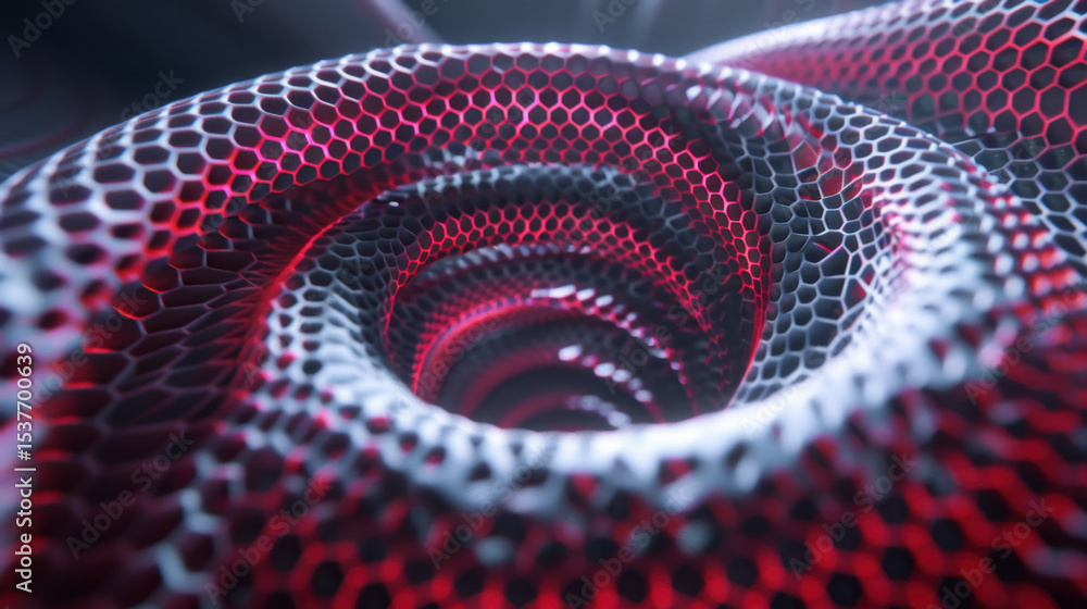 Poster layered hexagon grids create mesmerizing depth illusion, showcasing spiral design with vibrant red a