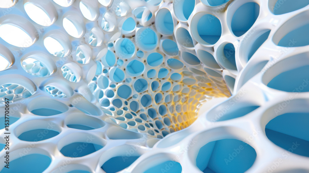 Poster mesmerizing depth illusion created through layered hexagon grids, showcasing blend of white and blue