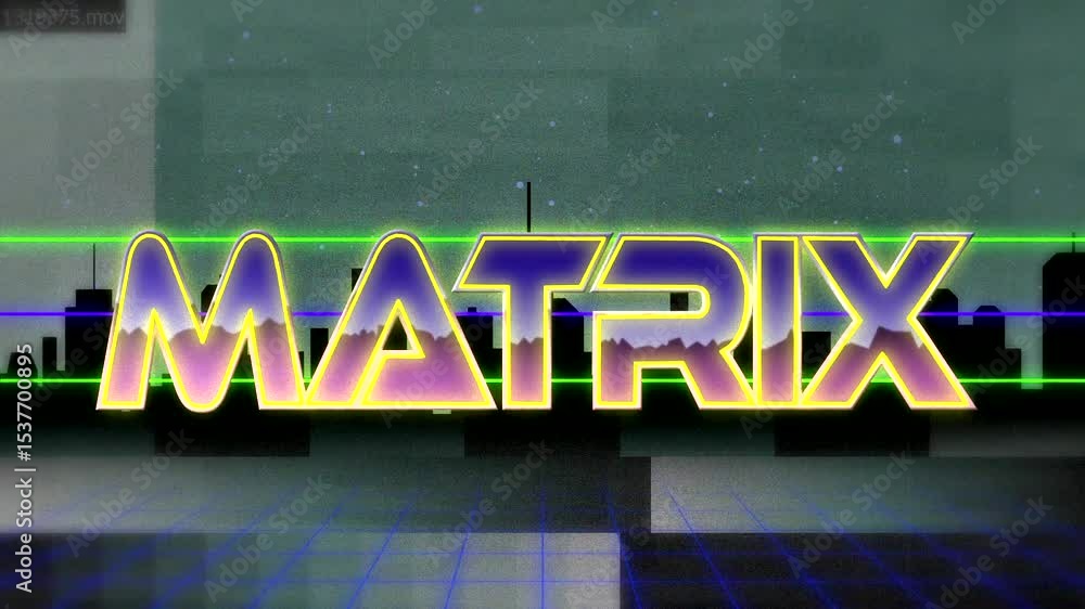 Poster sketching neon outlines around 3d matrix text for title reveal above grid floor, pulsing scan lines