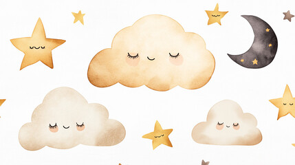 Fototapeta premium Cute Dreams of Cloud and Star: Dreamy depiction of a sleepy moon, adorable cloud and star. Perfect for children's art, or nursery decor.