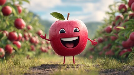 Cheerful animated red apple character standing in an apple orchard scene
